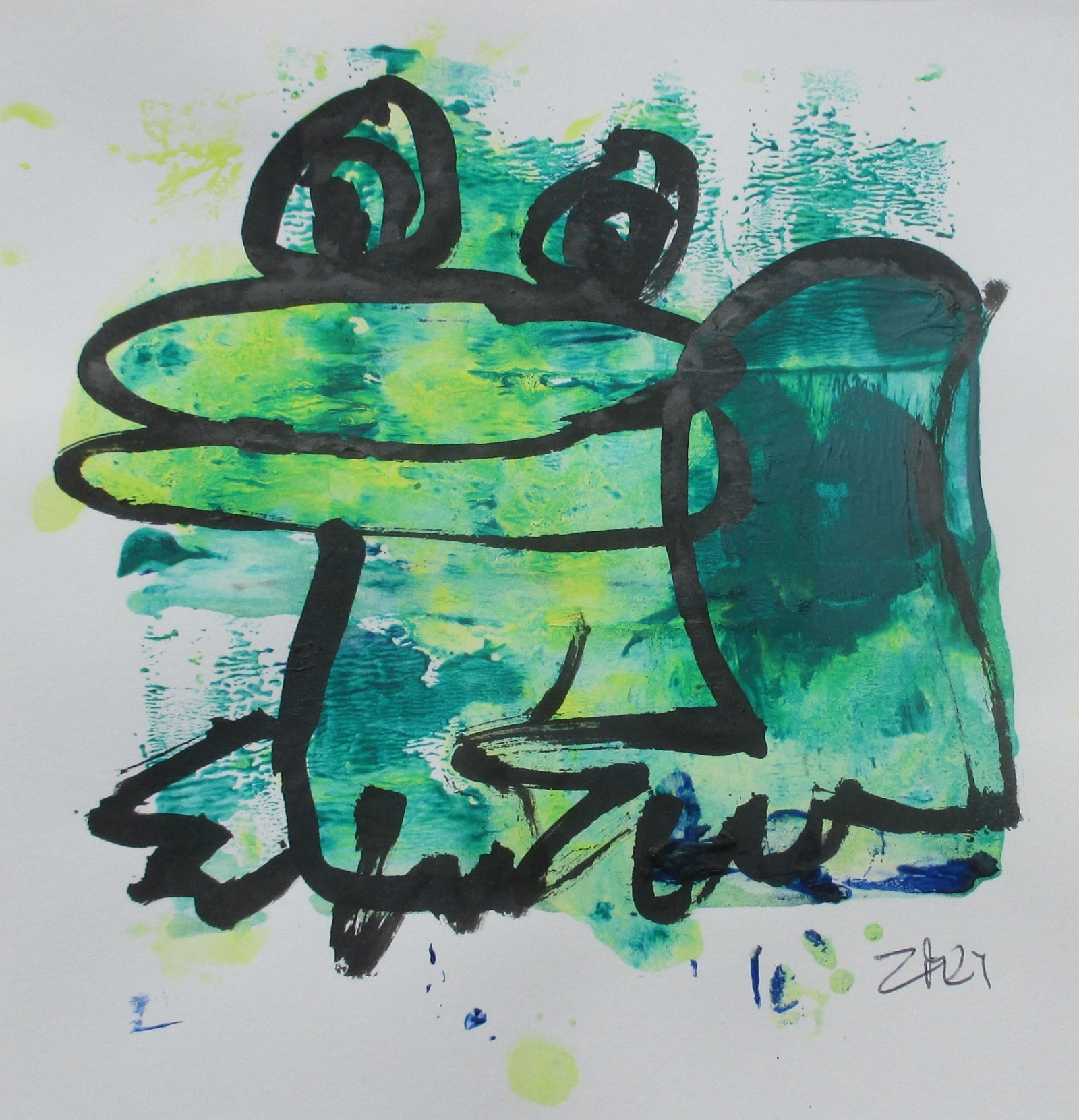grüner Frosch Original Zeichnung auf Künstlerpapier 20x20cm expressiv - mit Acryl gezeichnet