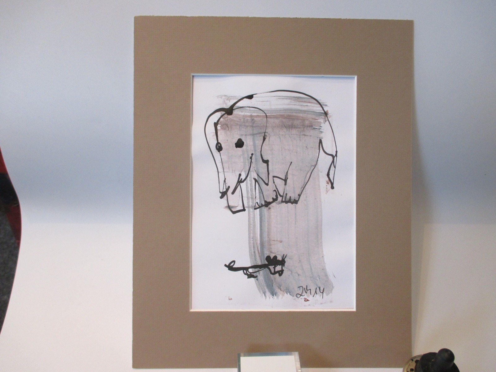 Elefant mit Maus Original Zeichnung in Passepartout 24x30 cm 2