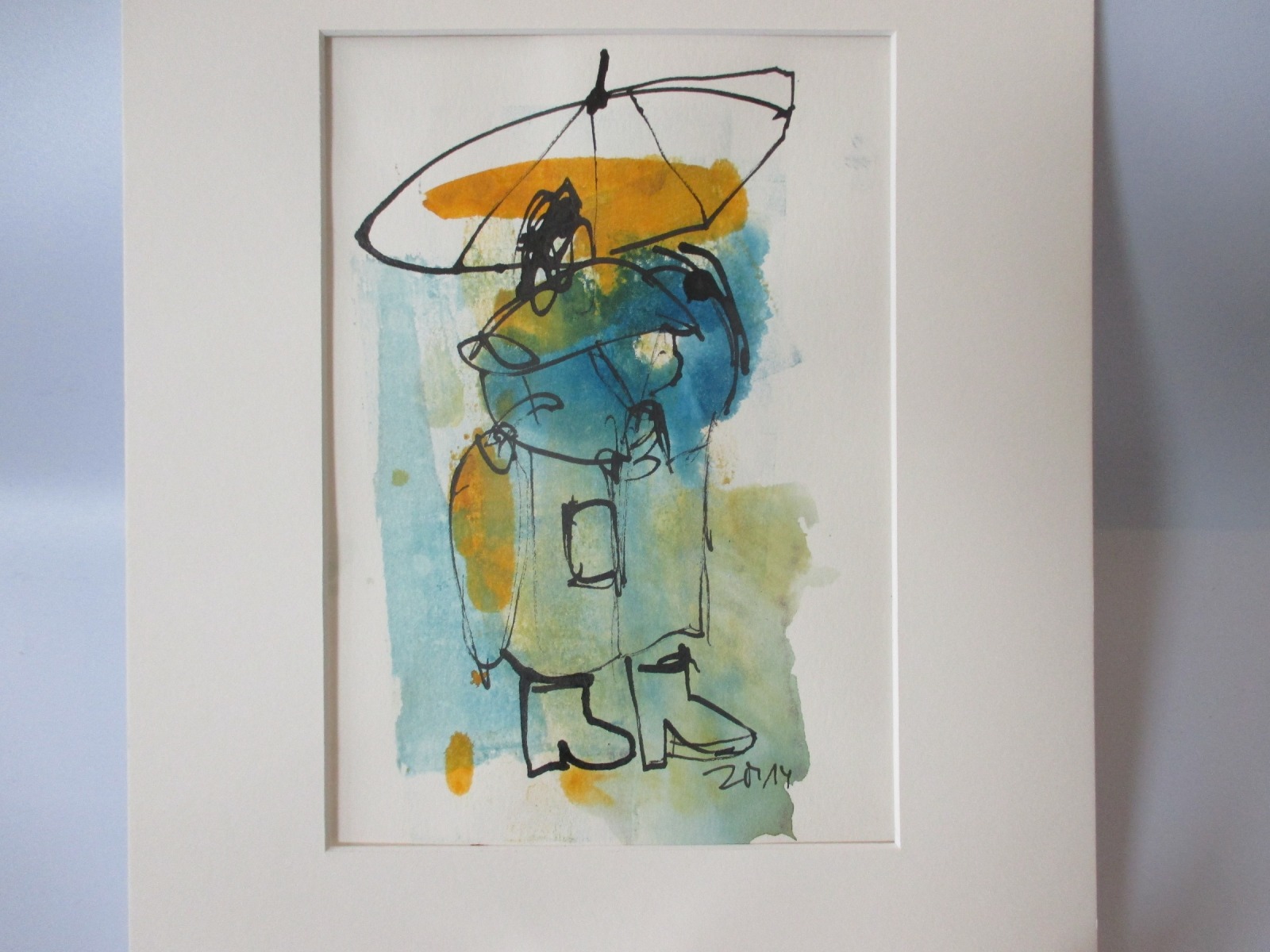 im Regen Frau mit Schirm Original Zeichnung in Passepartout 24x30 cm 2