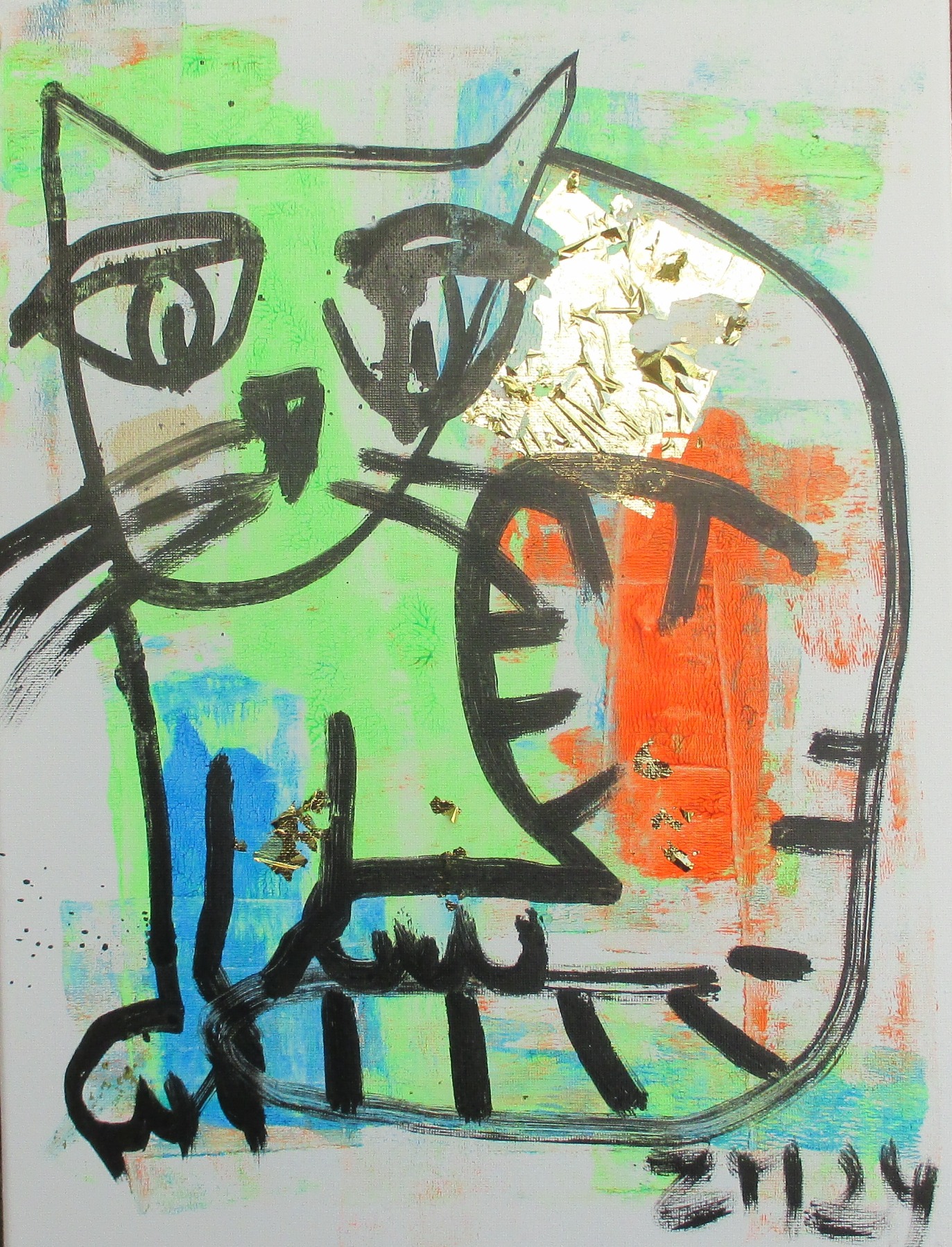 Neon Katze mit gold in Original-Malerei auf 30x40 cm Leinwand, Öl und Acryl