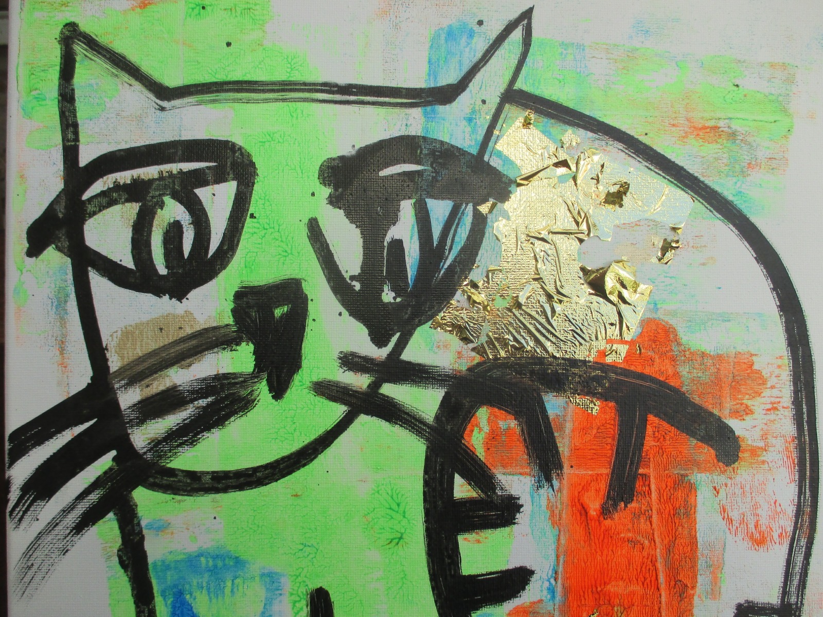 Neon Katze mit gold in Original-Malerei auf 30x40 cm Leinwand, Öl und Acryl 2