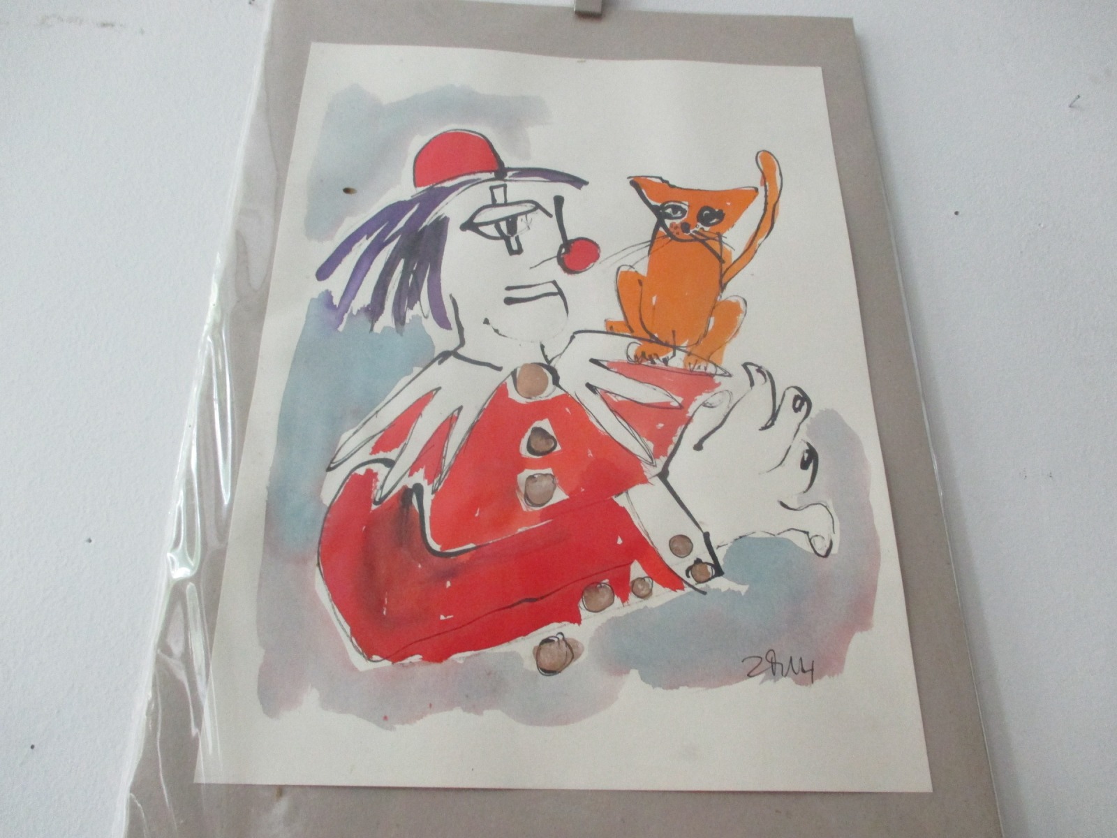 Clown mit Katze xlZeichnung Unikat 40x30cm Feder-Zeichnung Aquarell Tusche 4