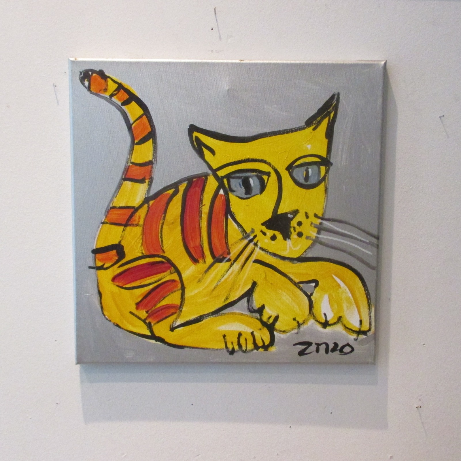 expressive Katze Acryl Malerei Leinwand silber 40x40 cm 2
