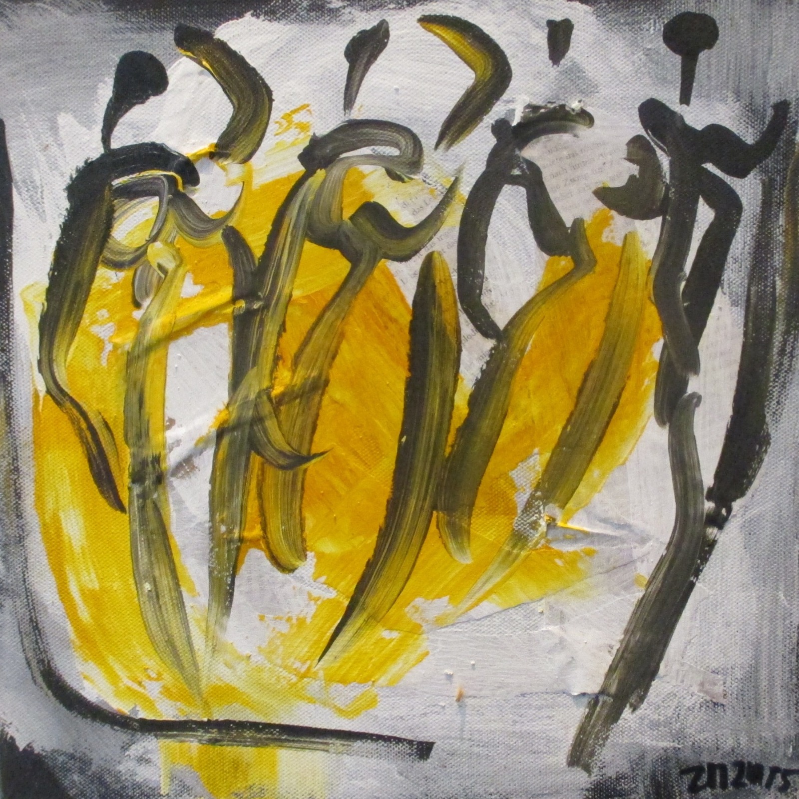 Tänzer in gelb Original 30x30cm Acryl / schwarze Leinwand / Zeichnung