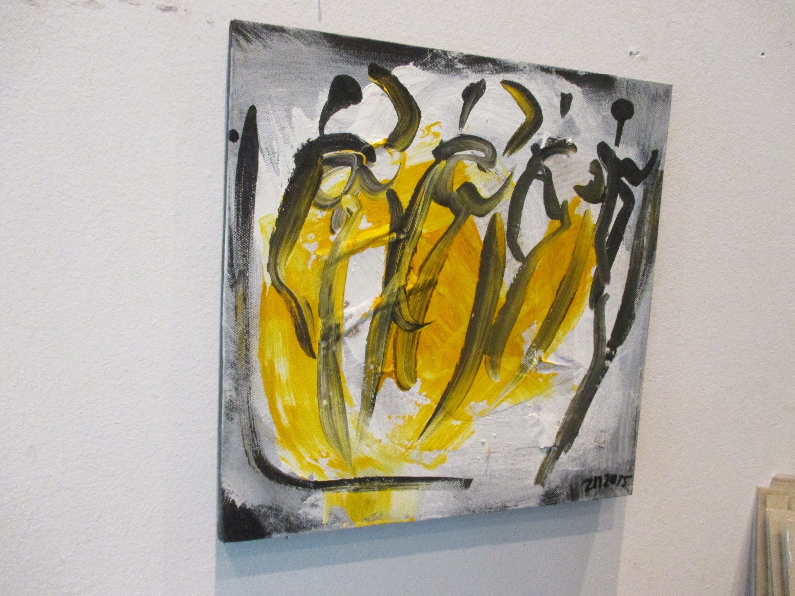 Tänzer in gelb Original 30x30cm Acryl / schwarze Leinwand / Zeichnung 2