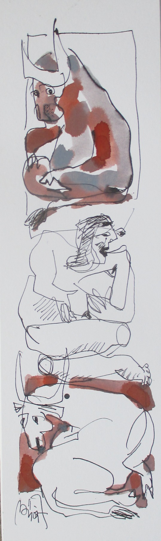 Akt und Stiere in Original-Zeichnung 48x15 cm auf Künstlerkarton Acryltusche 2