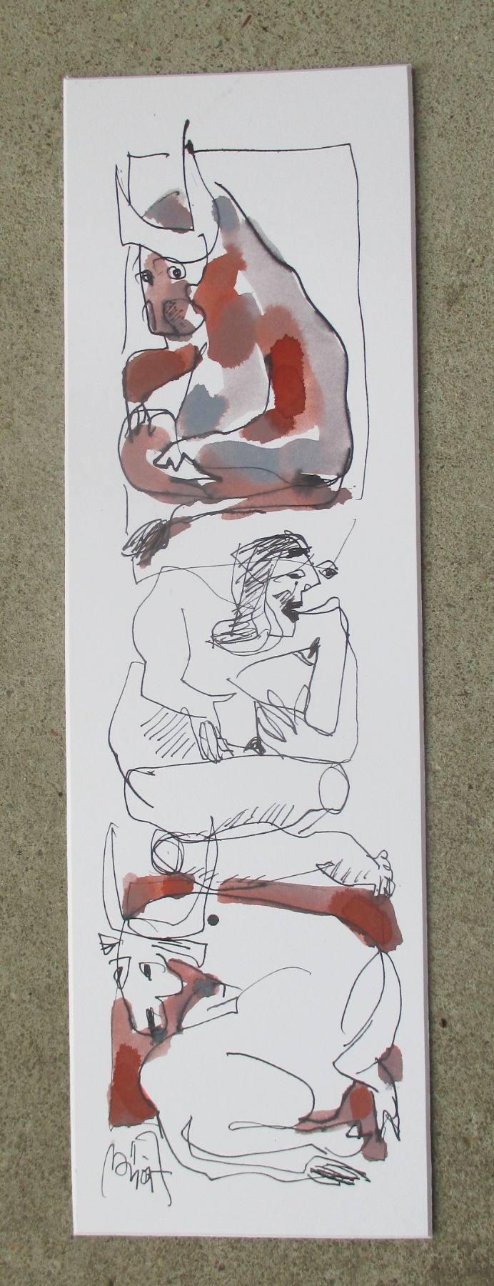 Akt und Stiere in Original-Zeichnung 48x15 cm auf Künstlerkarton Acryltusche