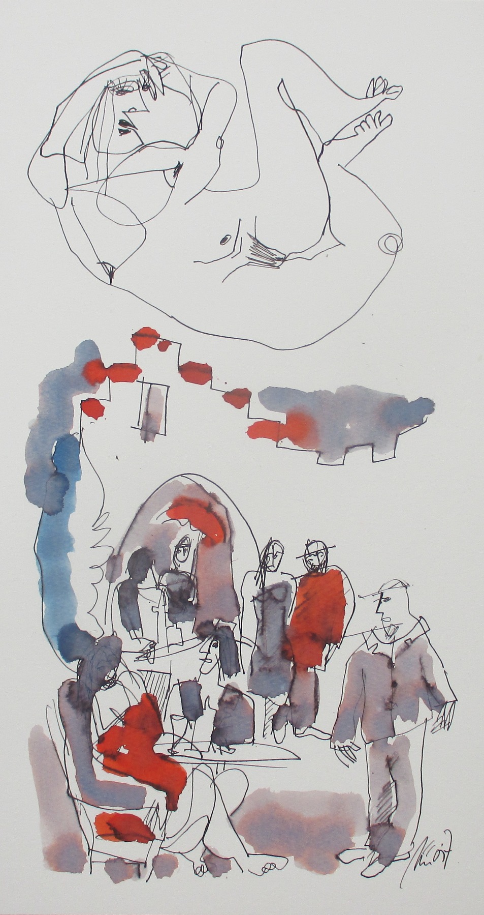 Akt und Cafe in Original-Zeichnung 40x22 cm auf Künstlerkarton Acryltusche 2