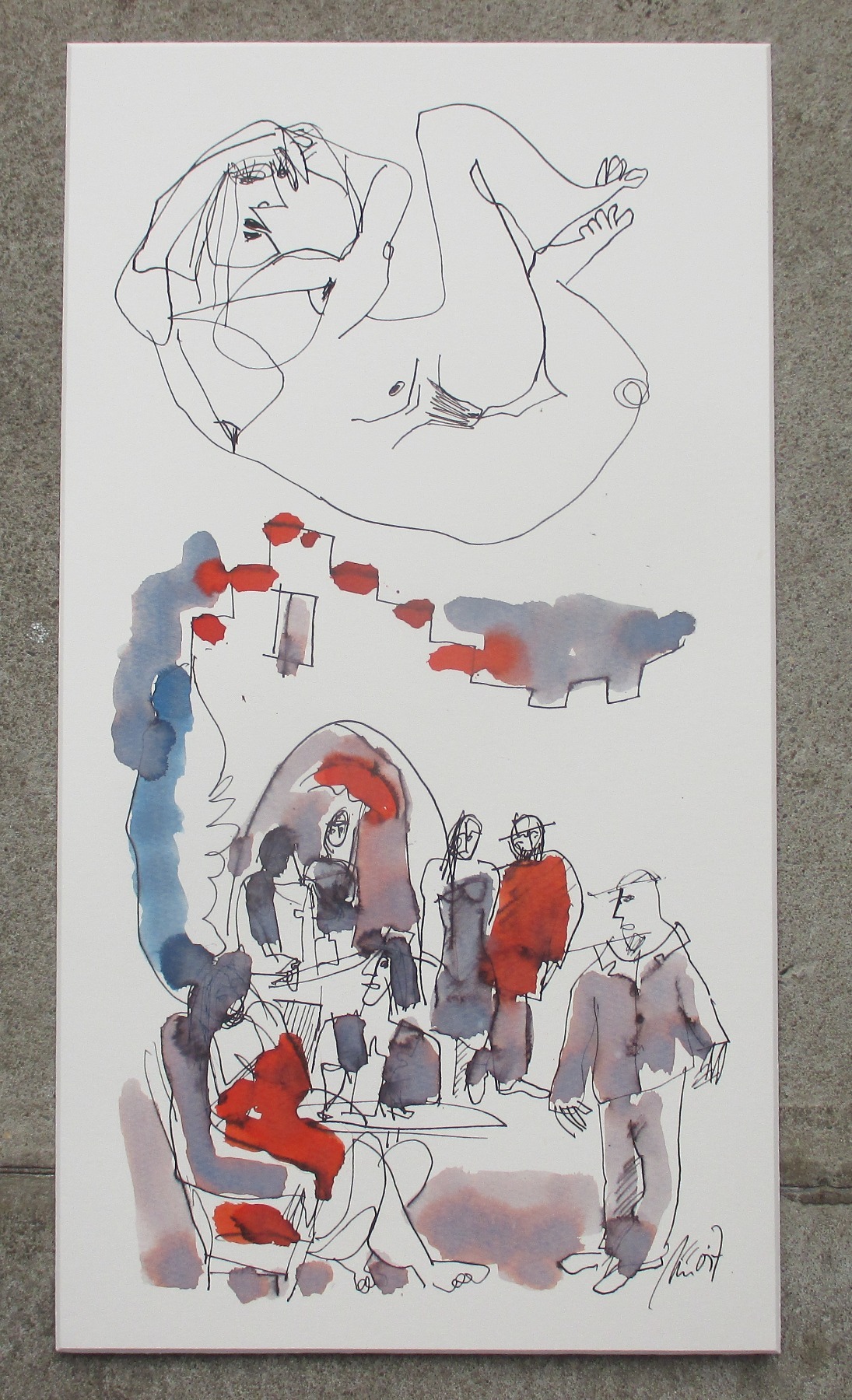 Akt und Cafe in Original-Zeichnung 40x22 cm auf Künstlerkarton Acryltusche