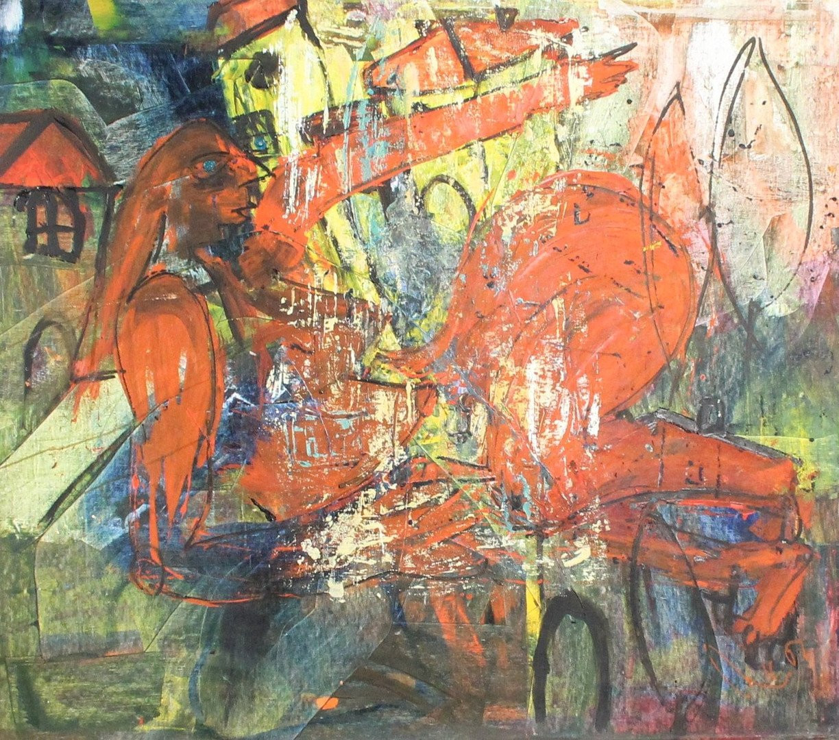 liegender roter Akt, abstraktes Ölbild , Canvas, Original