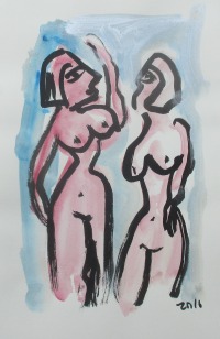 expressive Akte - 2 Original Zeichnungen auf Künstlerpapier 2 Frauen - farbige Tuschen 5