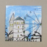 7 Düsseldorf -Szenen Burgplatz Turm je 10x10 cm auf Magneten gedruckt - signiert/x/10 numeriert