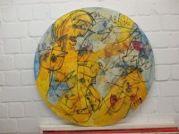 yellow nude with fishes Frau mit Fischen Original Acryl / Leinwand / rund 90 cm