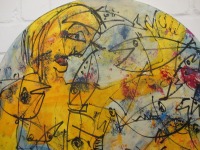 yellow nude with fishes Frau mit Fischen Original Acryl / Leinwand / rund 90 cm 5