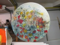 abstrakte Blumen Malerei Original Zeichnung Oel und Acryl auf runder Leinwand gespannt 90 cm