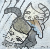 Cats in blackandwhite Original Mixed Media 30x30cm Acryl / schwarze Leinwand / Zeichnung 2