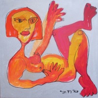 orange girl Frauenportrait expressiv gezeichnet 70x70 cm Acrylmalerei Malerei gelb pink