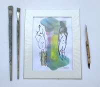 zwei Frauen Original Zeichnungen auf Künstlerpapier 2 x je 30x24cm in PP mit Bambusfeder - farbige