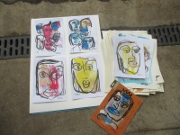 Gesichter in Magenta und blau - 2 Original expressive Zeichnungen Tusche Gouache Aquarell je 21x14 7