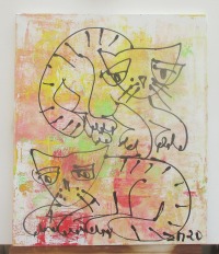 rot gelbe Katzen expressiv gezeichnet 60x50 cm Acrylmalerei Malerei 6