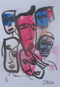 Gesichter in Magenta und blau - 2 Original expressive Zeichnungen Tusche Gouache Aquarell je 21x14 3