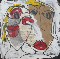 2 expressive Frauen Portraits Acrylmalerei Collage auf Leinwand 40x40 cm 4