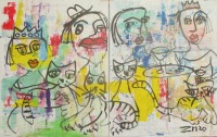 Königinnen und Freundinnen und Katze, Original, Malerei, 100x160cm Leinwand Kunst, Malerei,