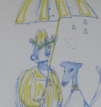 Gassi mit Hund im Regen - Zeichnung DinA4 original Din A4 Feder-Zeichnung Aquarelle 4