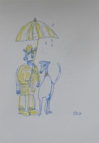 Gassi mit Hund im Regen - Zeichnung DinA4 original Din A4 Feder-Zeichnung Aquarelle