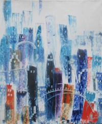 Abstrakte Blaue Stadt Original, Malerei, 80x95cm Leinwand, abstrakte Kunst,Malerei,