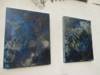 abstrakte moderne Malerei 2 x Blau je 40x50 cm MixedMedia Collage Original Oel / Leinwand