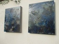 abstrakte moderne Malerei 2 x Blau je 40x50 cm MixedMedia Collage Original Oel / Leinwand 5