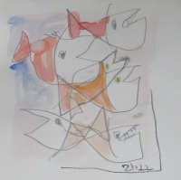 4 x wilde Frösche, Igel, Fische expressive Original Zeichnungen auf Papier Tusche 4x20x20 cm 7