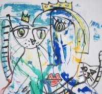 Königin und Katzen , Katzenfreundin Original, Malerei, 120x70cm Leinwand Kunst, Malerei, 4