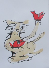 Krebs und Fische 2 Sternzeichen für Kinder als Katzen- Zeichnung- Original Astrologie rot Tusche