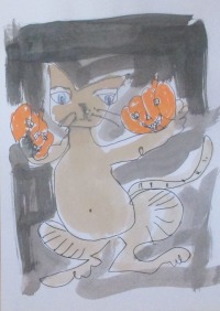 Halloween Cats Katzen mit Kürbissen Herbstdeko 2 Zeichnungen Kaffee Unikat Tusche Zeichnungen 4
