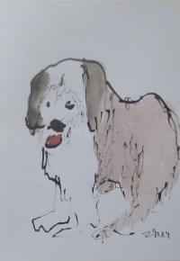 Bulli und Bobtail 2 Zeichnungen Original Tusche Gouache Tier Hunde Aquarell 21x14 DinA5 3