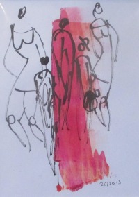 2 x tanzende Frauen in magenta Original Zeichnung auf Künstlerpapier 30x24 cm in PP mit Bambusfeder