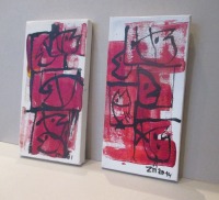 rote Fische 2 Original-Zeichnungen Acryl auf Leinwand 2x 20x10x2cm 3