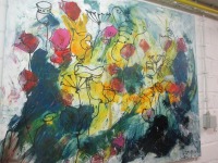 abstrakte Blumen florale Malerei 100x120 Öl auf Leinwand modernes Originalbild smaragdgrüne