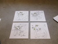 4 Katzen in schwarz weiß mit Kronen , expressive Original Zeichnung auf Papier Tusche - 4 x 20x20