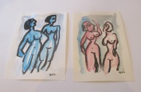 expressive Akte - 2 Original Zeichnungen auf Künstlerpapier 2 Frauen - farbige Tuschen 2