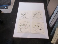 4 Katzen in schwarz weiß mit Kronen , expressive Original Zeichnung auf Papier Tusche - 4 x 20x20