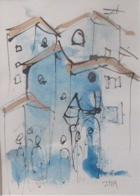 expressives kleines blaues Dorf Italien Zeichnung Unikat in PP 40x30cm Feder-Zeichnung Aquarell