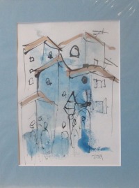 expressives kleines blaues Dorf Italien Zeichnung Unikat in PP 40x30cm Feder-Zeichnung Aquarell