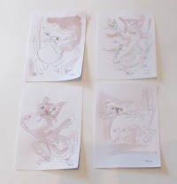 4 Katzen mit Kaffee expressive Original Zeichnung auf Papier Tusche 4x21x15 cm 3