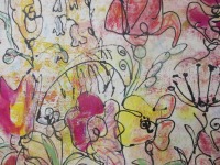 wilde Blumen expressiv gezeichnet 70x70 cm Acrylmalerei Malerei gelb pink 10