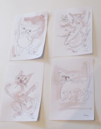 4 Katzen mit Kaffee expressive Original Zeichnung auf Papier Tusche 4x21x15 cm 4