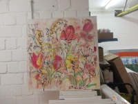 wilde Blumen expressiv gezeichnet 70x70 cm Acrylmalerei Malerei gelb pink 3