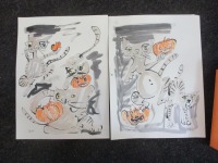 2 Halloween Katzen mit Kürbis Zeichnungen 2 Unikate 30x40 Gouache Aquarell Tusche